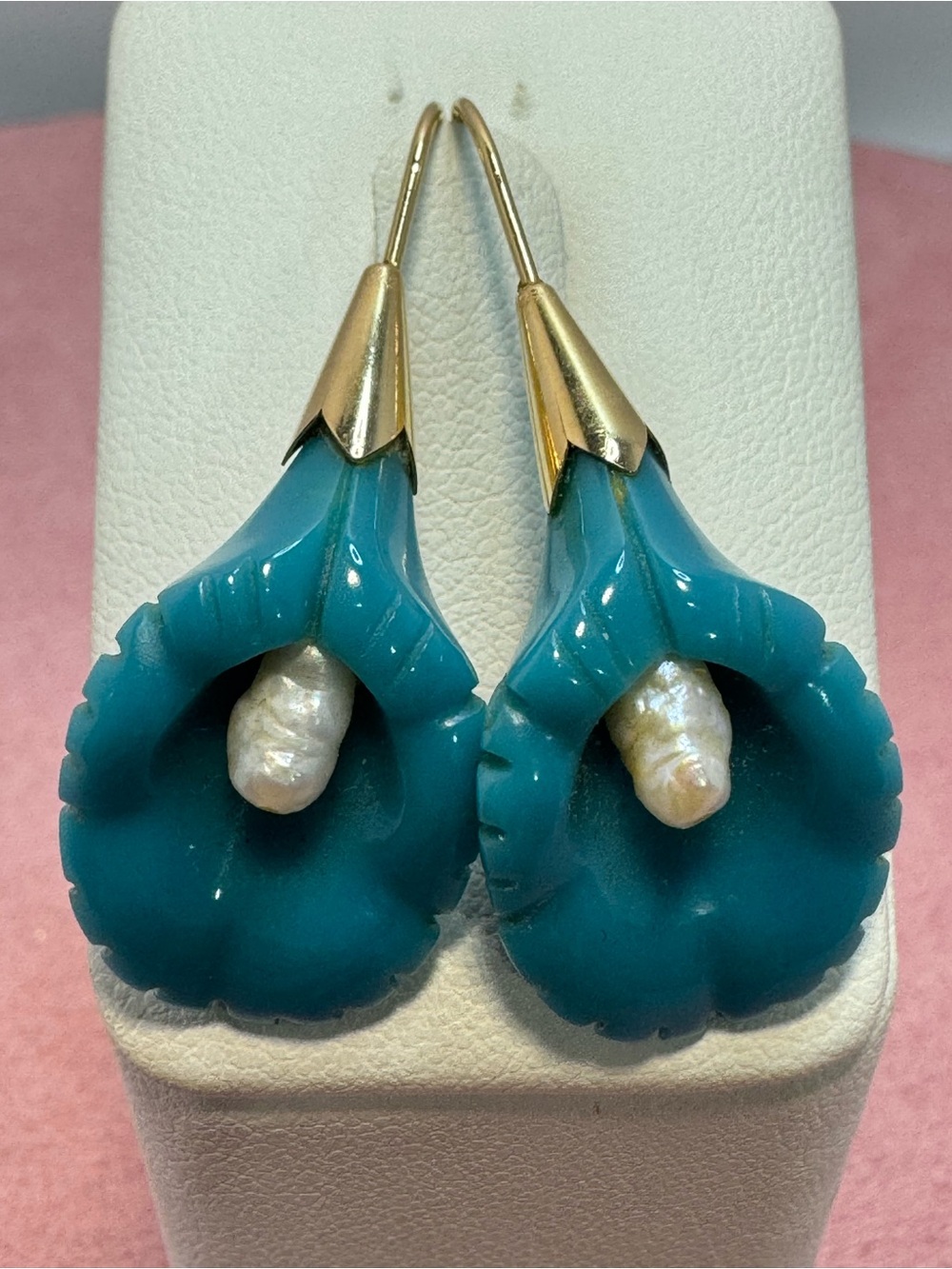 14K Yellow Gold Turquoise Tulip Carved Drop Earrings with Pearl Accent